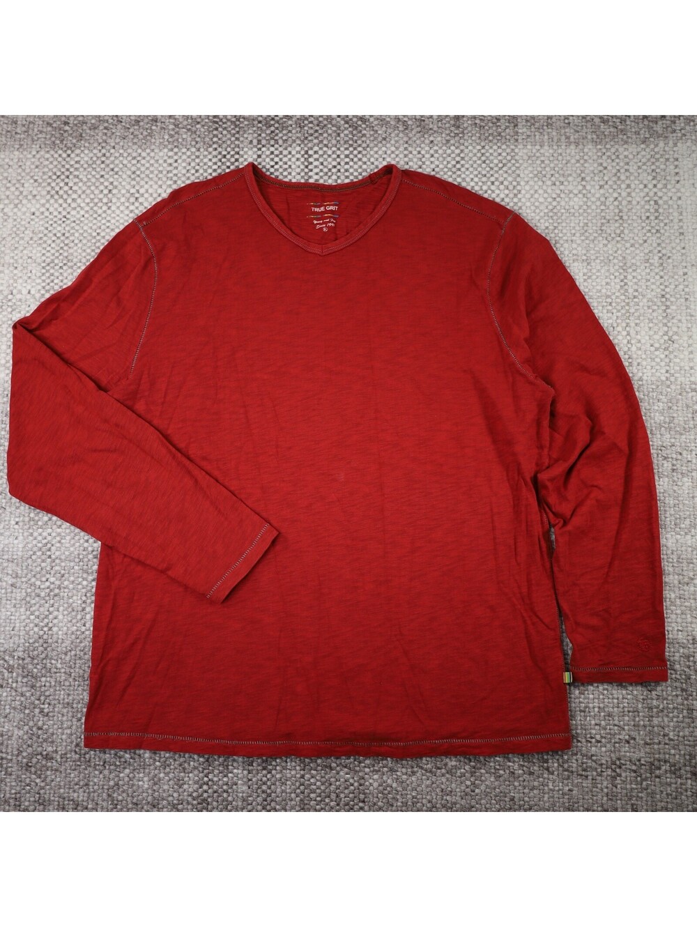 True Grit Men XL Shirt Red Long Sleeve V Neck Slub Cotton Contrast Stitch Casual